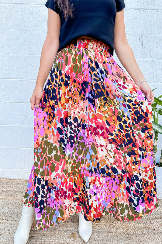 White Abstract Floral Print Flouffled High Waist Maxi Skirt