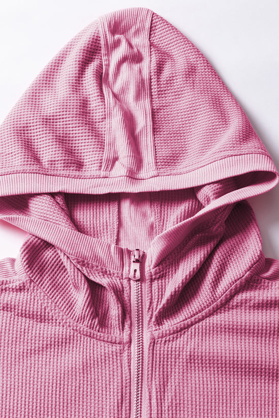 Thermal Waffle Knit Full Zip Hooded Jacket Pink