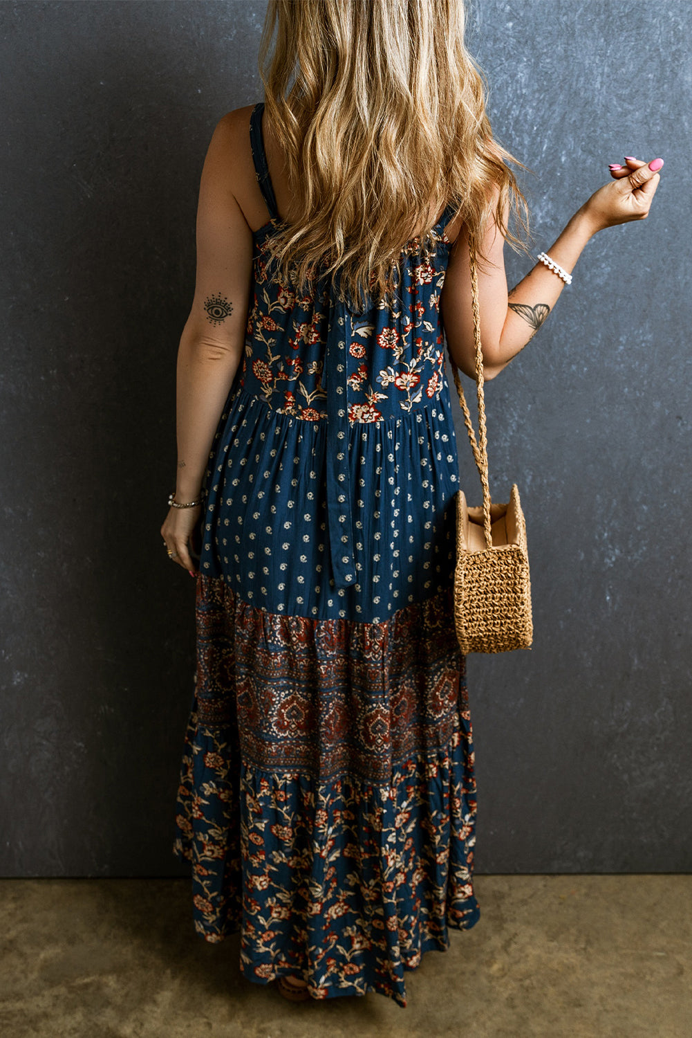 Vestido maxi de empalme floral azul boho