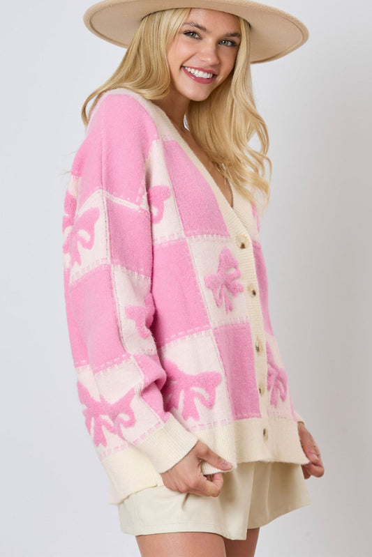 Pink Bowknot a scacchi pattern v Neck goccia spalla abbottonatura cardigan