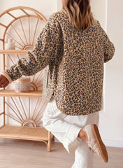 Khaki Leopard Print Collar Long Sleeve Patch Pocket 100% Cotton Denim Jacket