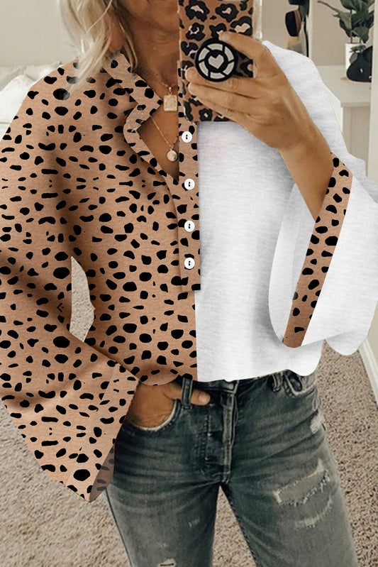 Khaki Leopard Kontrast Halbknopf Casual Bluse