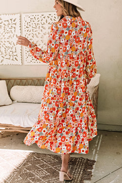 Multicolored bohemian dress with floral collar and long ruffled sleeves