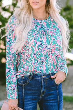 Ploted blouse with round -neck flowers and long green sleeves