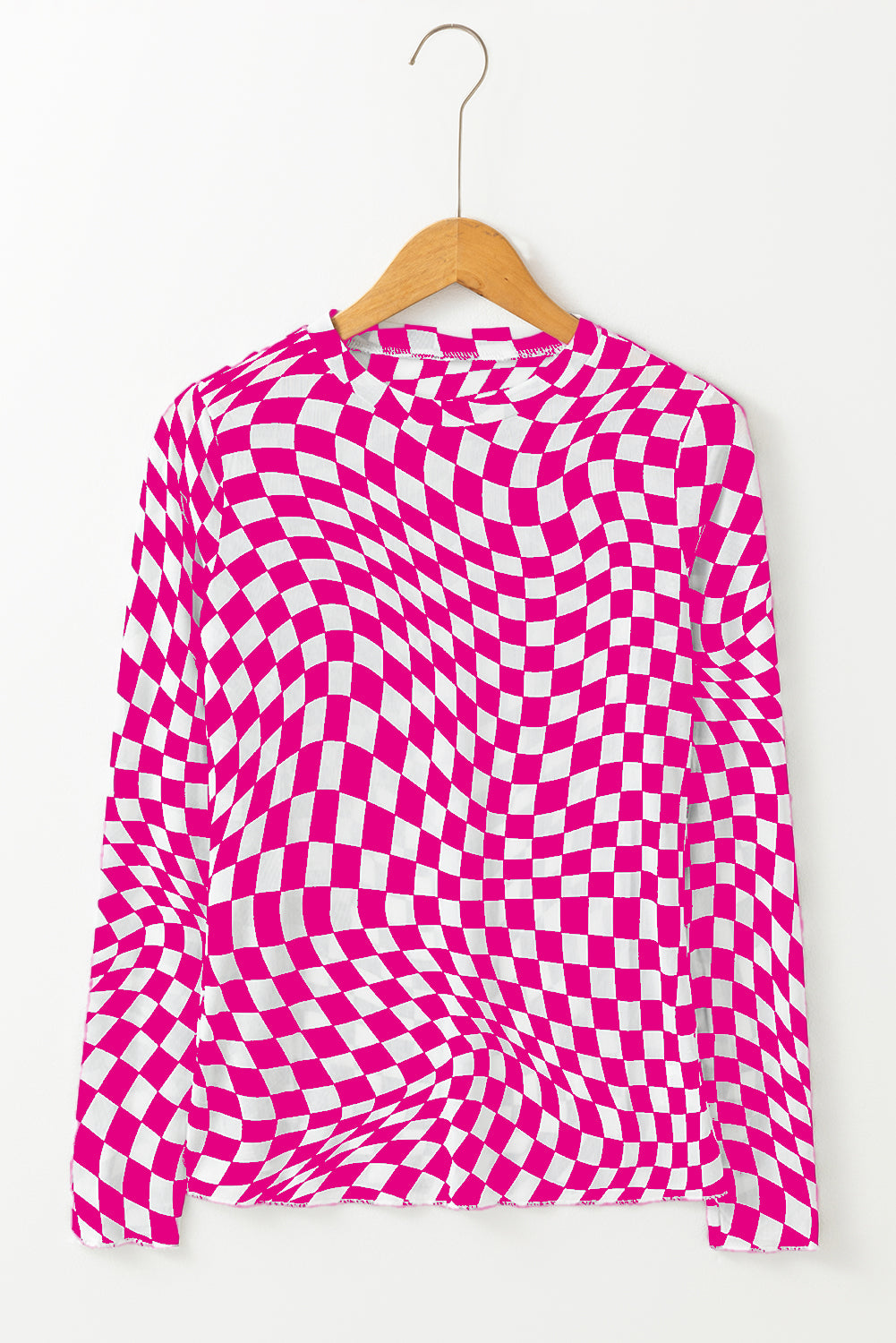 Long -sleeved top and climbed collar in pink checkered pattern