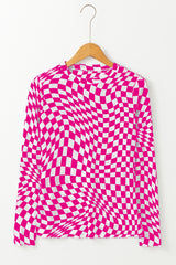 Long -sleeved top and climbed collar in pink checkered pattern