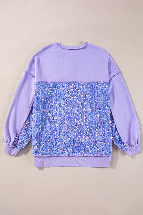 Lilac Sequin Henley Sweatshirt with High Low Hem