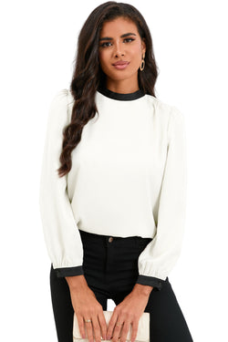 White blouse with uphill collar with knot in the back and color blocks