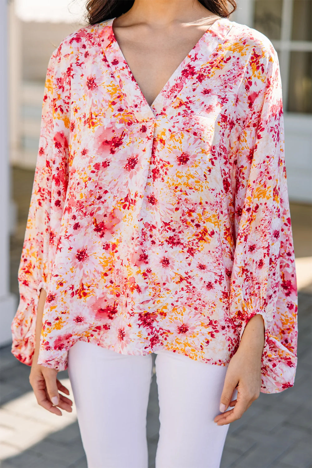 Pink Ditsy Floral Bubble manga v Blouse de cuello