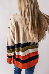White striped sweater with dropped shoulders and buttoned shoulders