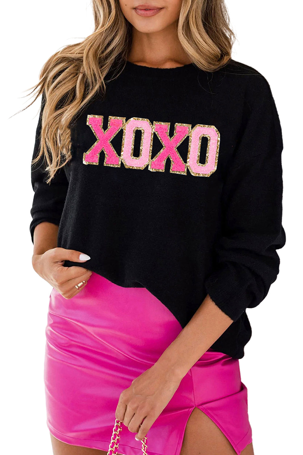 Black xoxo paillette imprimé coul rond pull décontracté