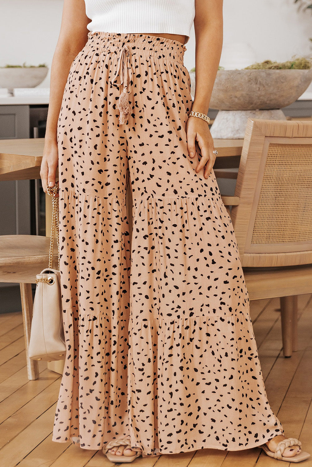 Brown Dalmatian Palazzo Pants with Ruffles and Wide Leg