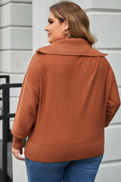 Pull marron à col zippé et bordure côtelée unie, grande taille