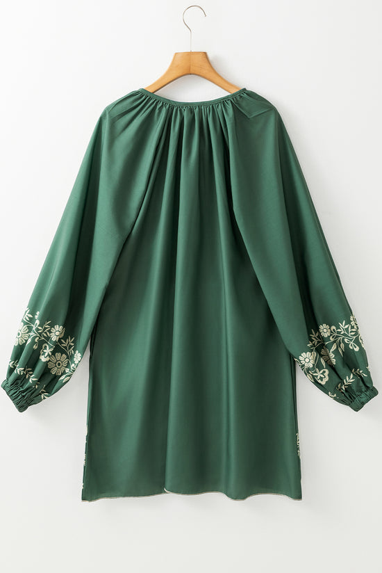 Straight dress with puffy sleeves and floral pattern bohemian green mist