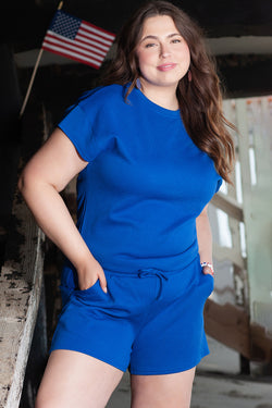 Tenue 2 pièces courte texturée à la mode de grande taille bleu foncé