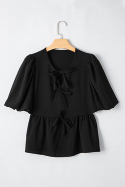 Camisa negra de Peplum con mangas hinchadas *