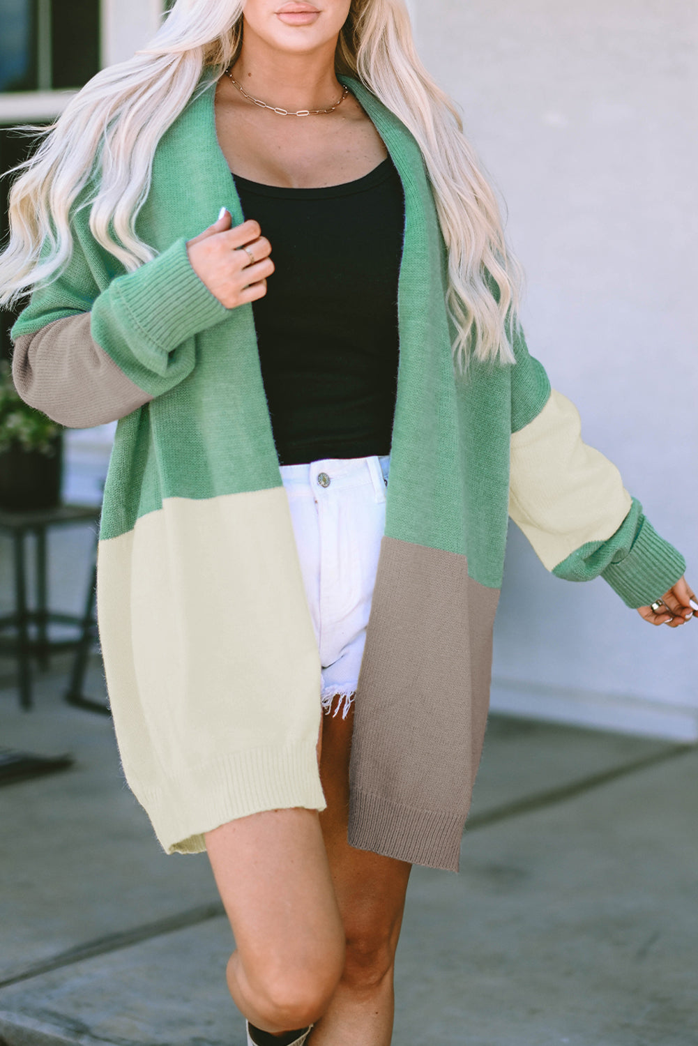 Green Colorblock drapierte offen vordere klobige Strickjacke