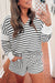 Black Striped V-Neck Long Sleeve Top and Shorts Set