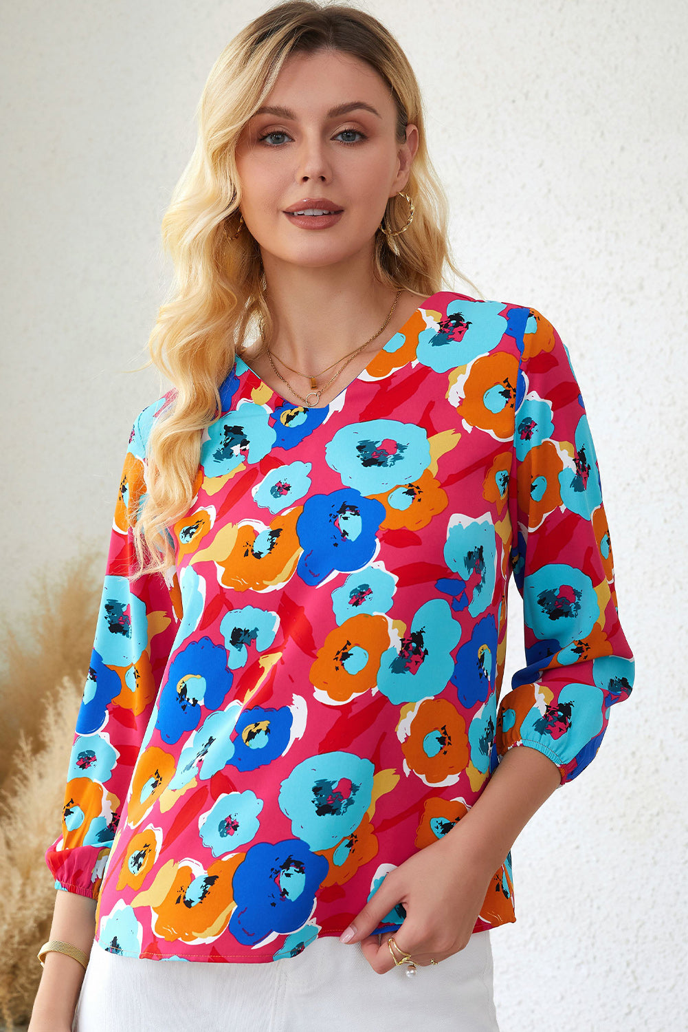 Rose Multicolor Floral Print V Neck 3/4 manga blusa