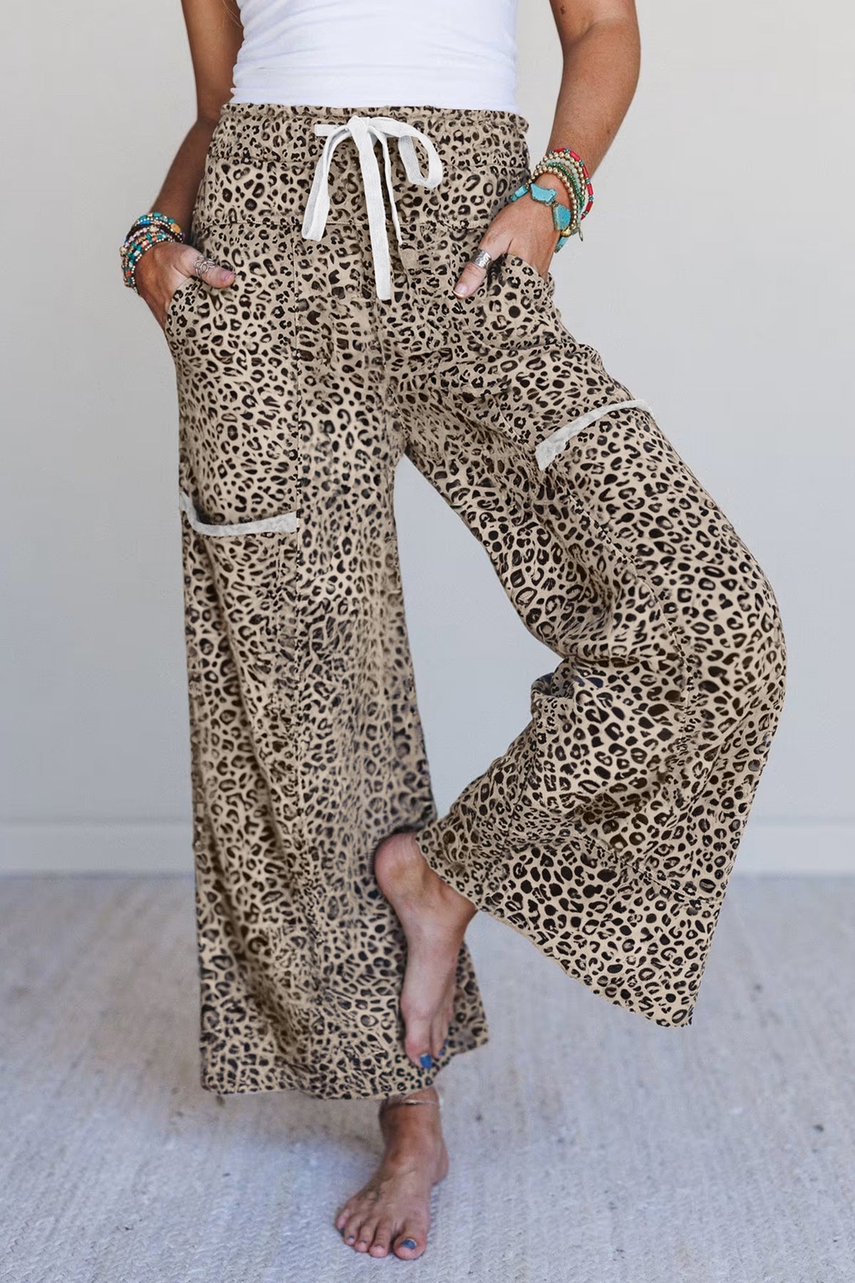 Pantalon marron en tricot éponge à imprimé animal