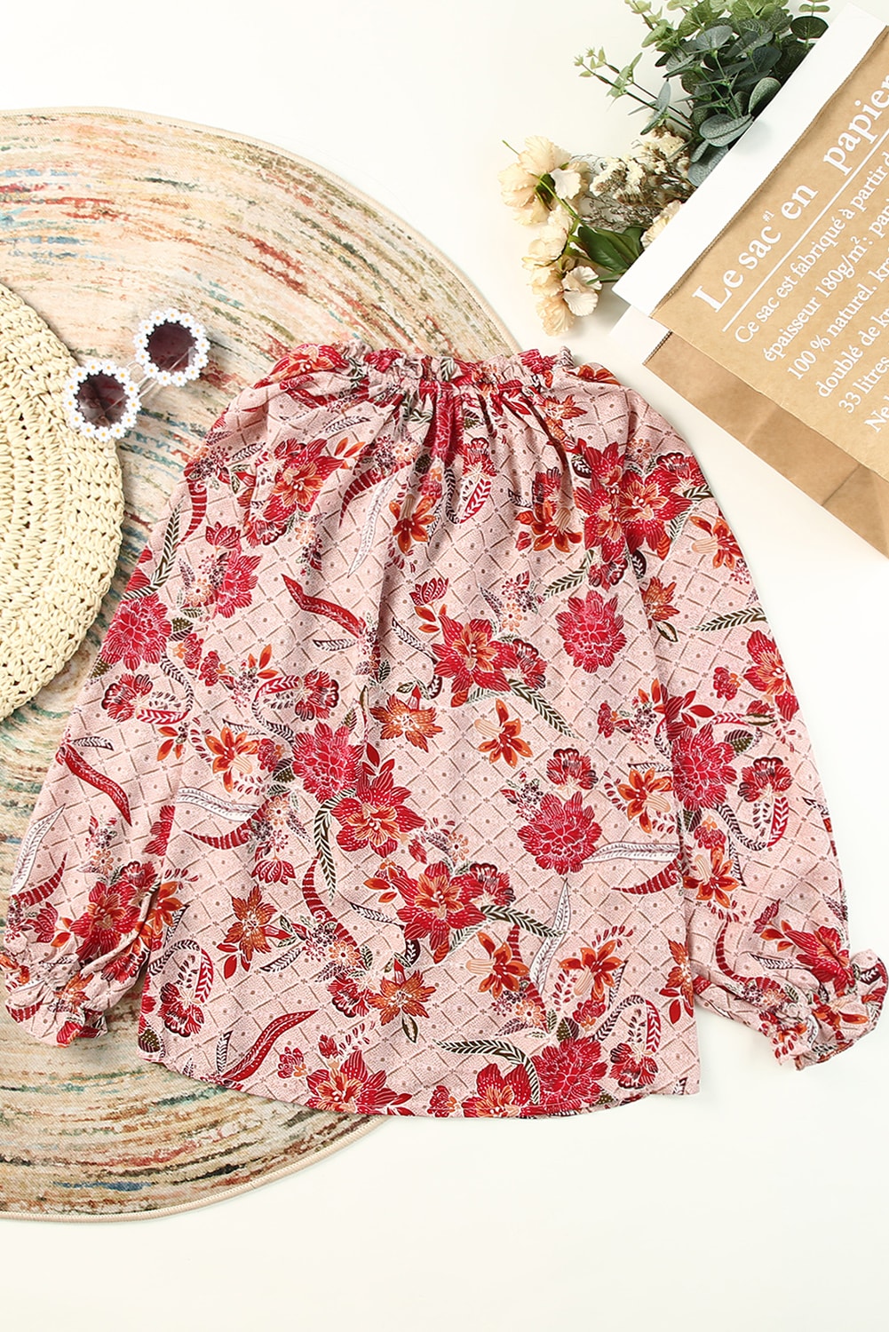 Blouse imprimée rose fendue à col en V-A WOMAN WE LOVE