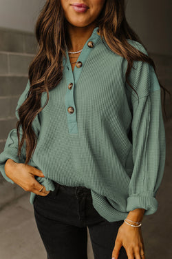 Smoke Green Waffle Half-Button Collar Long Sleeve Loose Top