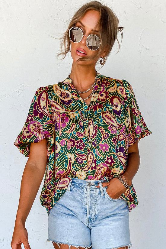 Green paisley blouse in v * collar