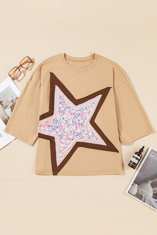 Camel Floral Star Patchwork 3/4 Sleeve Top