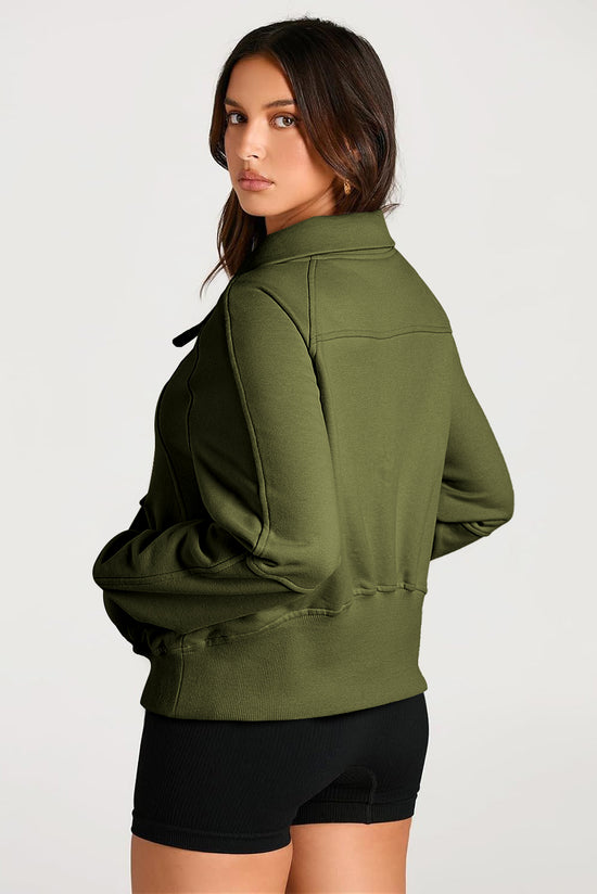 Moss Green Mock Neck Sweatshirt with Kangaroo Pocket and Quarter Zip Closure