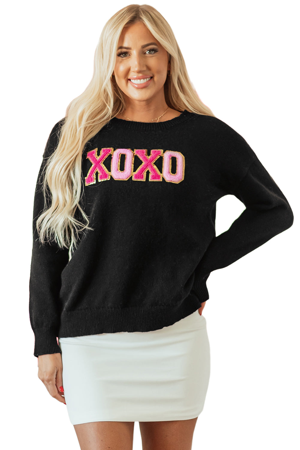Pull décontracté à col rond imprimé pailleté XOXO noir