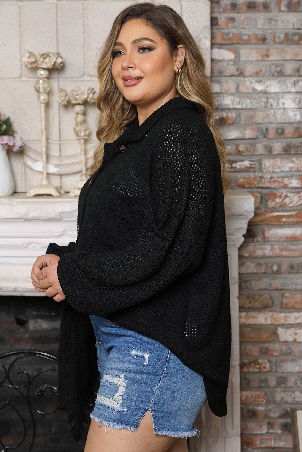 Black Plus Size Pocket Pocket Waffle Knit Shirt