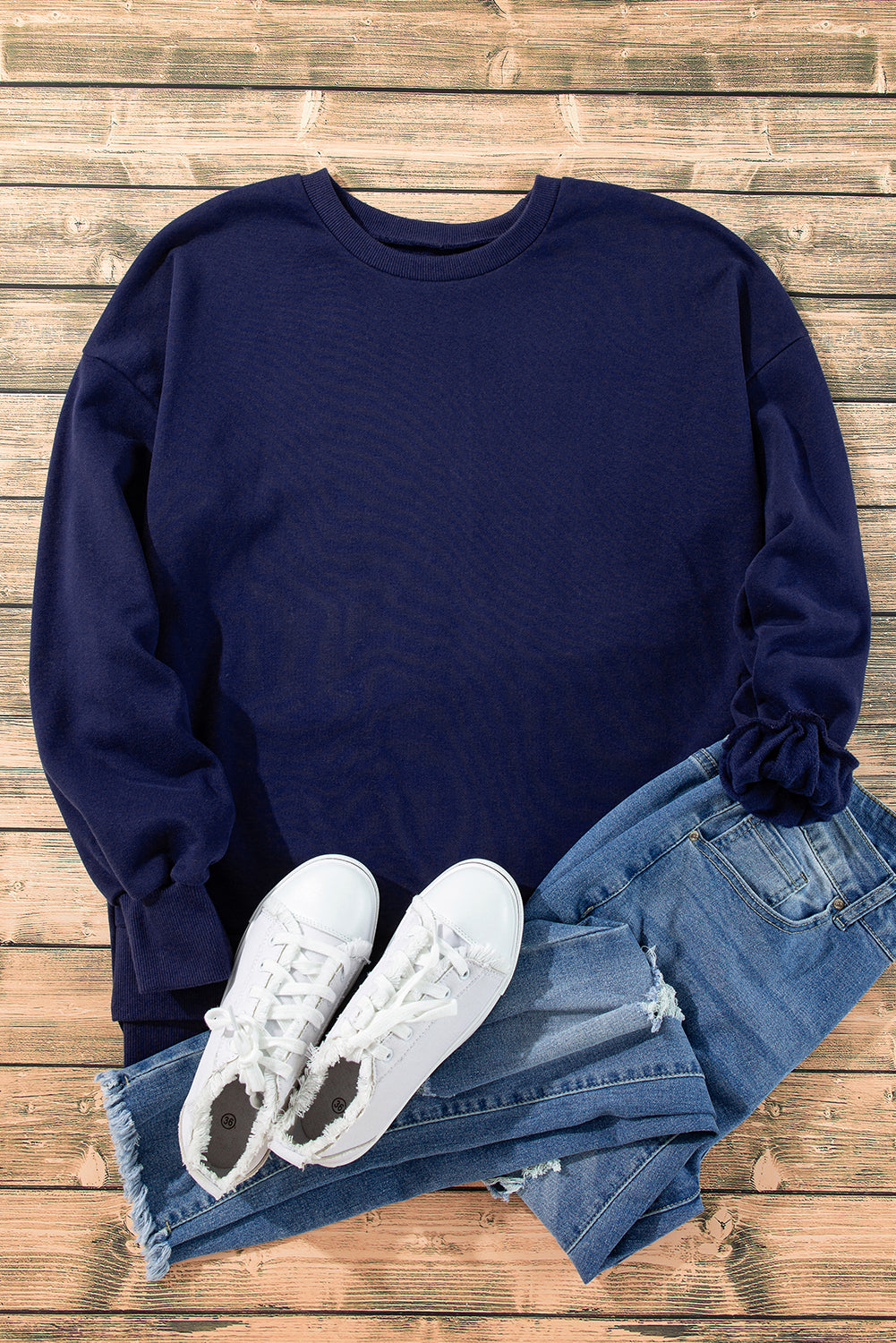 Navy Blue Solid Fleece Lined Drop Shoulder High Low Sweatshirt