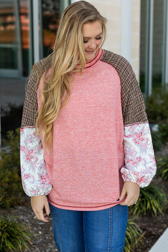 Pink Plaid Paisley Patchwork Raglan Sleeve Stitching Plus Size Top