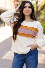 White top with drooping sleeve in patchwork knit *