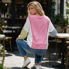 Long sleeve top in striped patchwork with pink sodium stitching