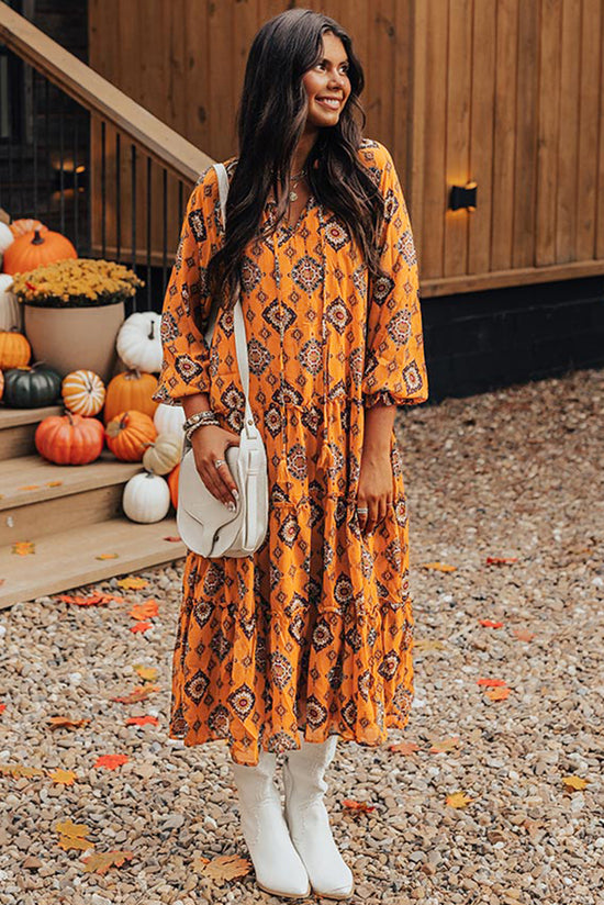 Robe midi orange à imprimé géométrique occidental et volants à plusieurs niveaux, coupe ample