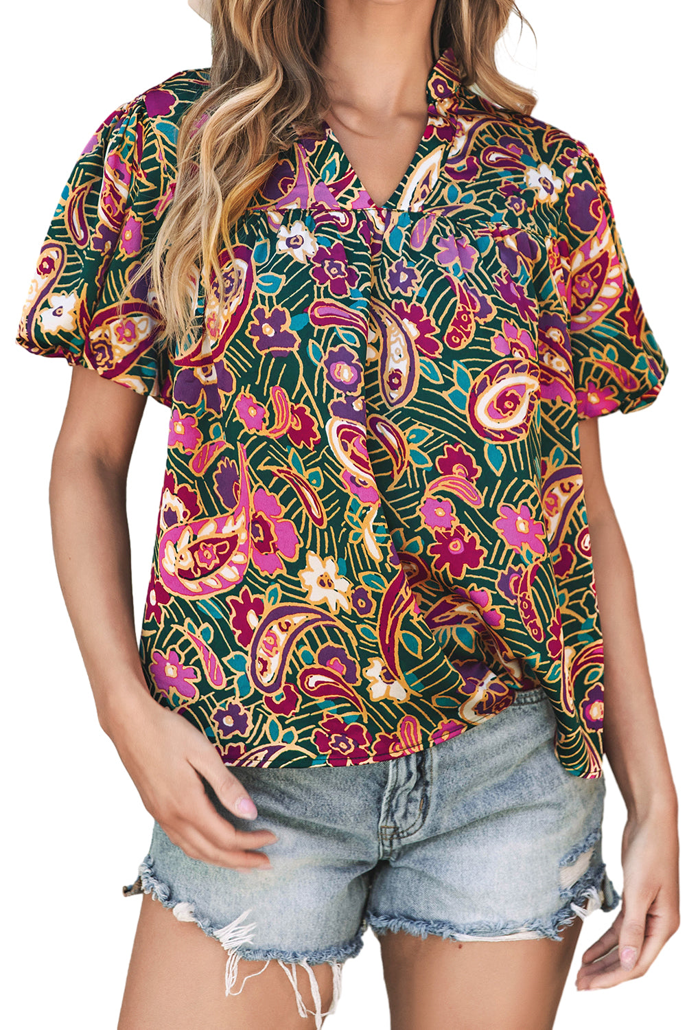 Blusa paisley a bolla a v sul collo verde a v.