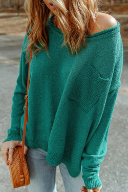 Pull en tricot côtelé à épaules dénudées de couleur unie vert avec poche