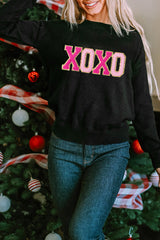 Pull décontracté à col rond imprimé pailleté XOXO noir