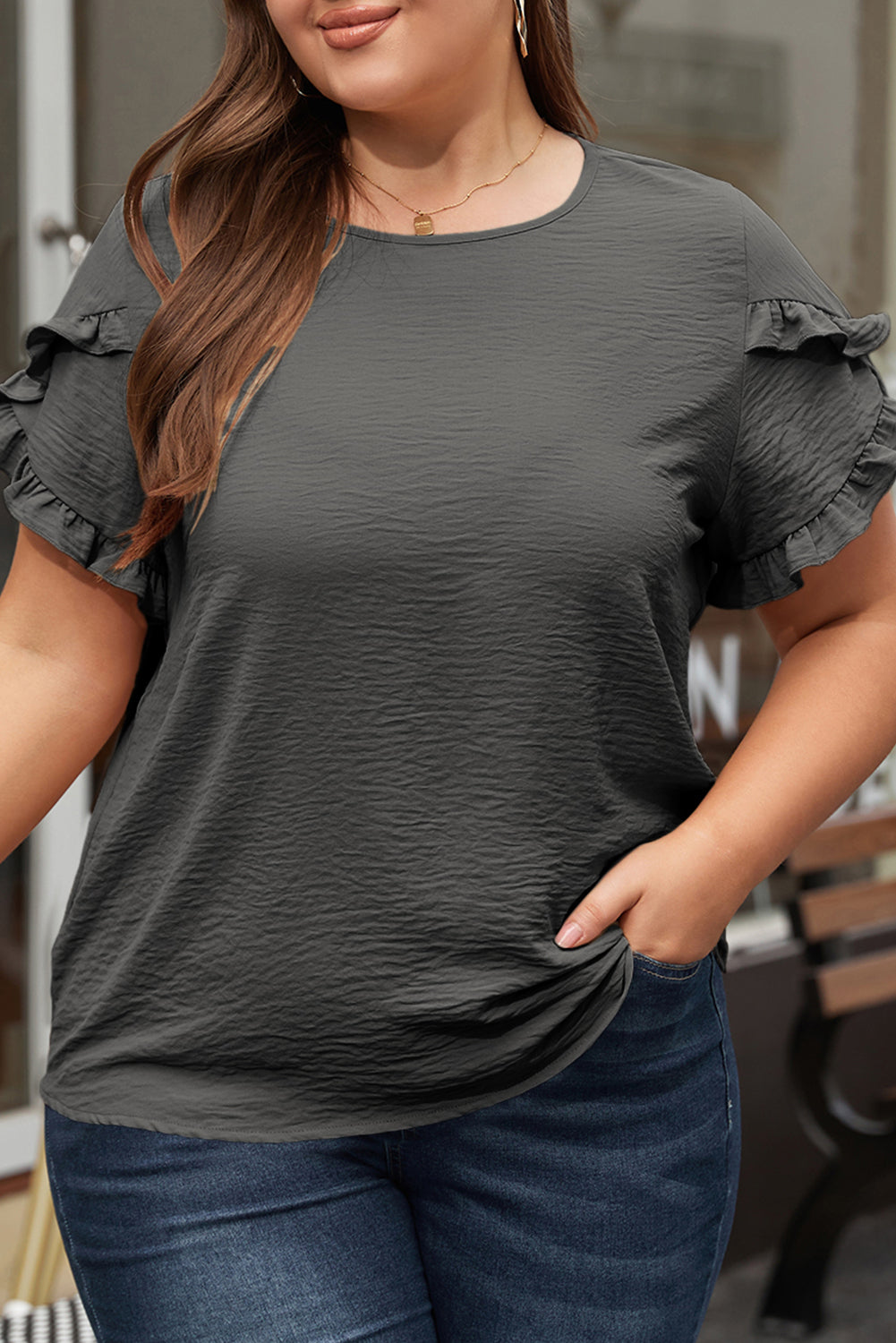 Dark Grey Ruffled Short Sleeve Plus Size Top