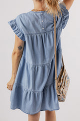 Robe en jean trapèze à volants et manches courtes Beau Blue