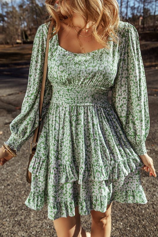 Floral Print Square Neck Ruched Waist Tiered Ruffle Mini Dress Green