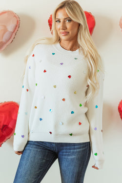 Beige Sequin Heart Waffle Knit Crew Neck Sweater