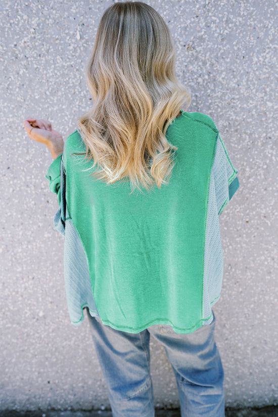 Green Colorblock Stitching Patchwork Button-Up Long Sleeve Top