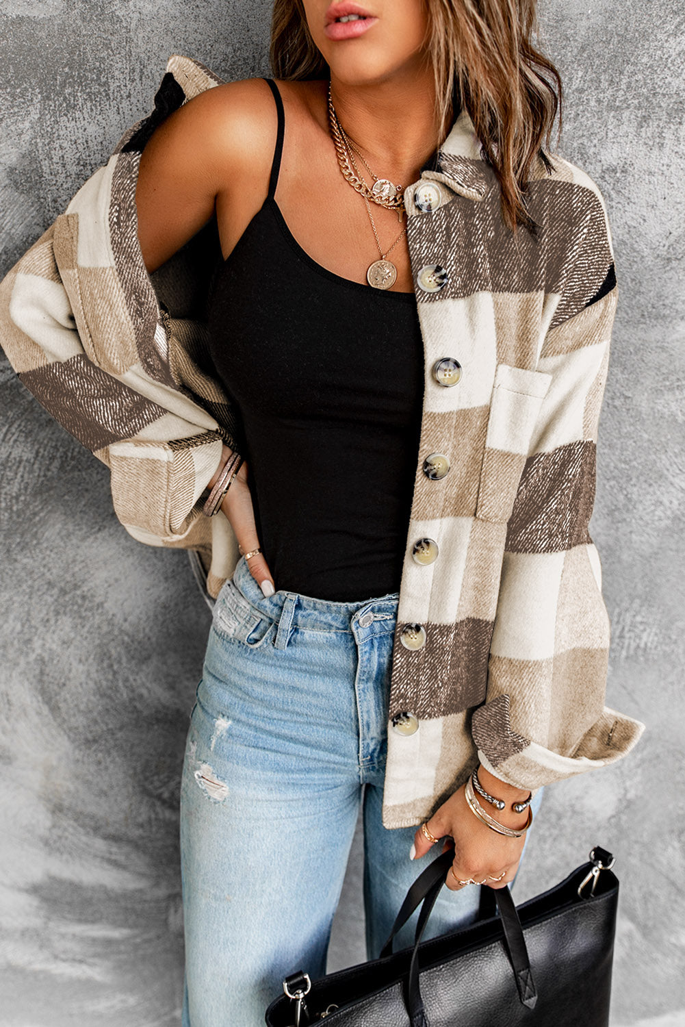 Khaki Plaid Color Block Buttoned Long Sleeve Jacke mit Tasche