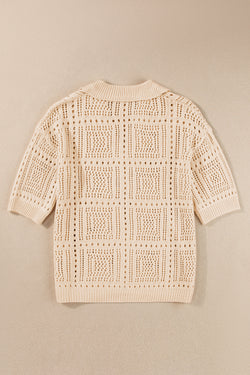 Short -sleeved knitting top hollowed out with apricot folded collar