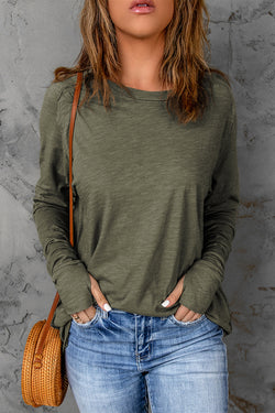 Solid green top with long sleeves and round neck