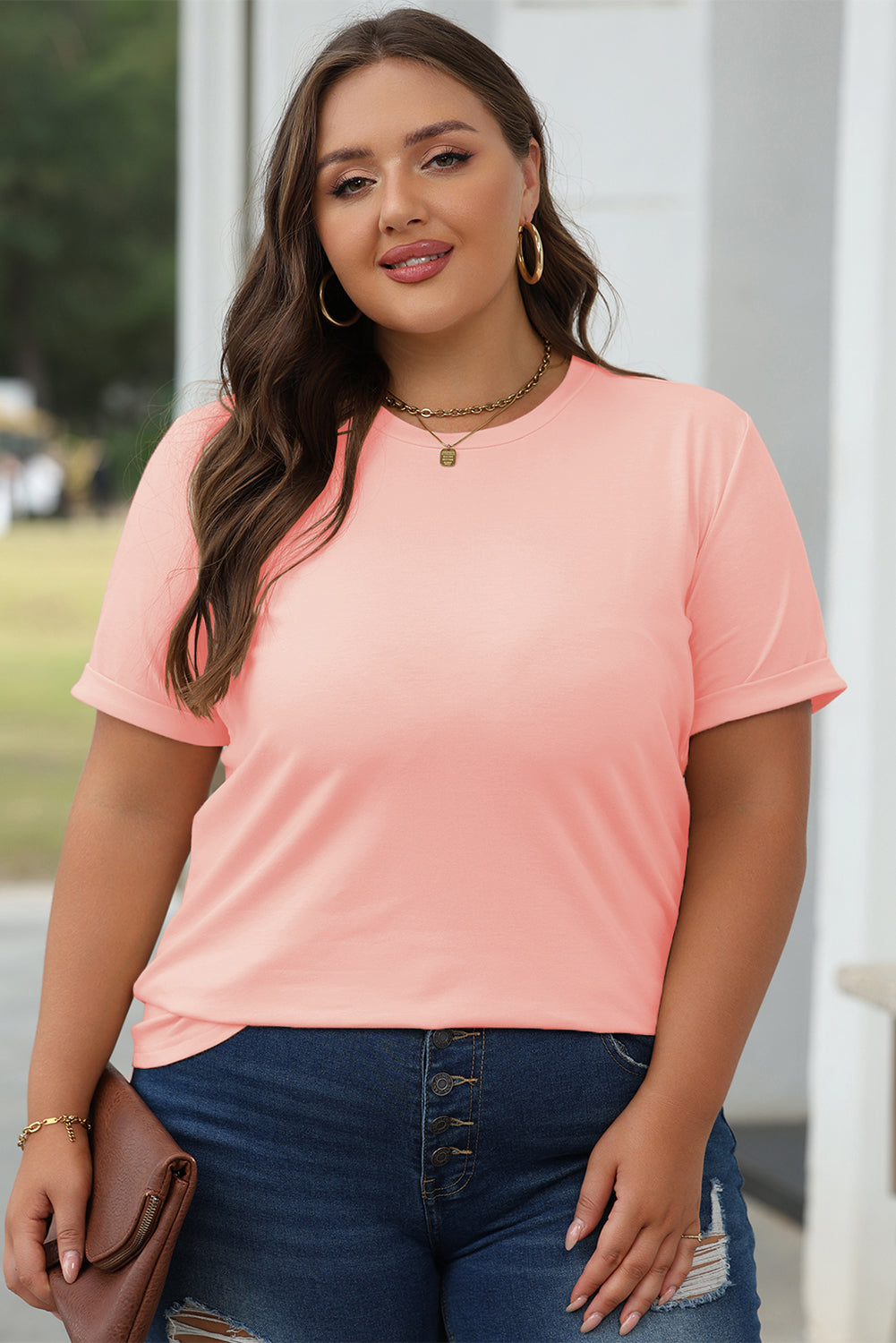 Camiseta rosa casual de color redondo
