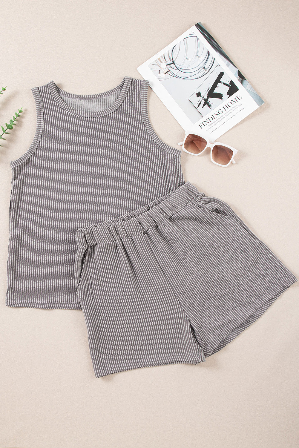 Mid Grey Corduroy Sleeveless Top and Pocket Shorts Set