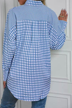 Long sleeve shirt buttoned in patchwork for tiles and sky blue stripes